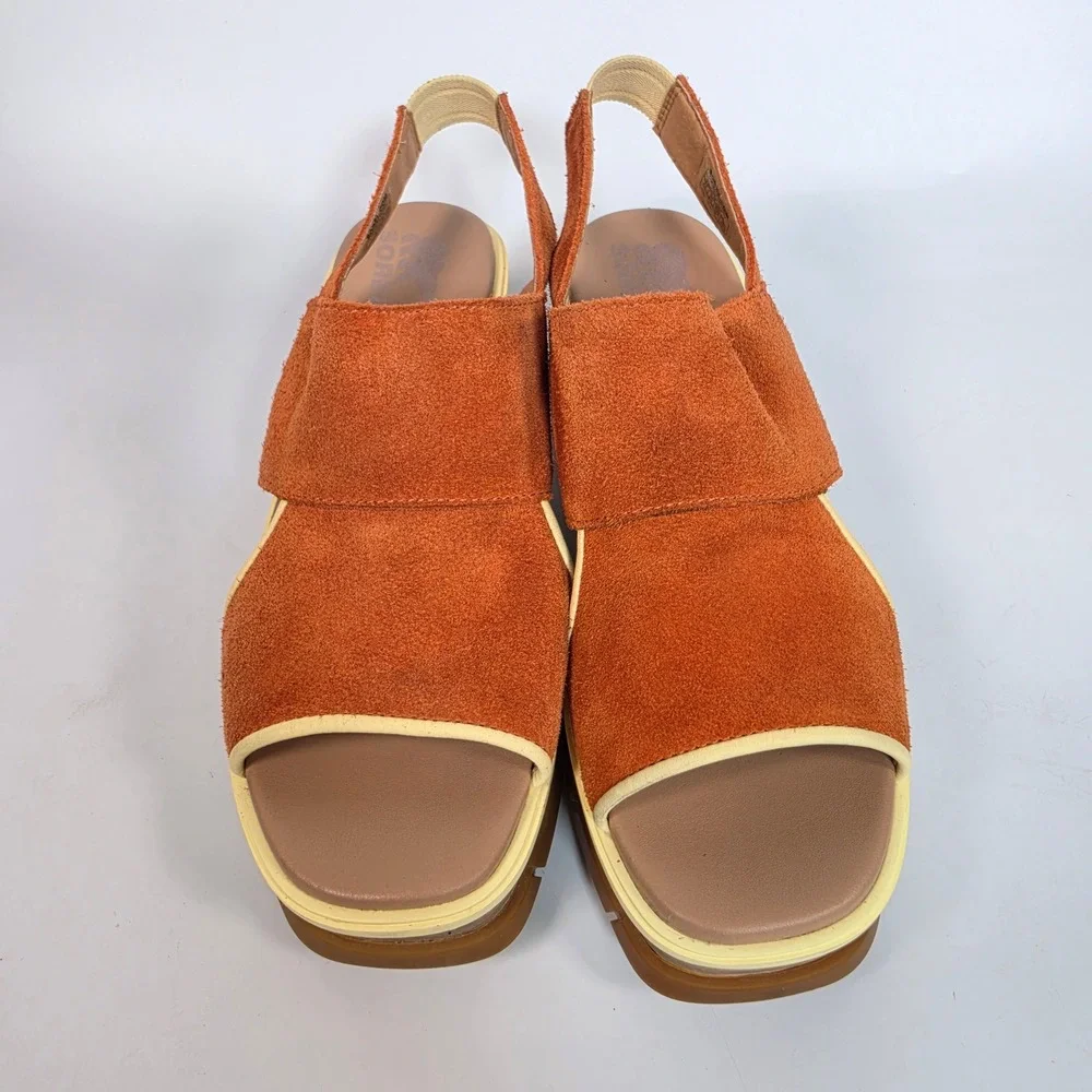 SOREL Joanie III Slingback Wedge Sandals Women's 8.5 Orange Suede Chunky Retro
